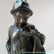 Load image into Gallery viewer, Antique French 1930s Table Lamp. STREET MUSICIAN by G. Demange. Bronzed Spelter with Frosted Glass Globe Shade 
