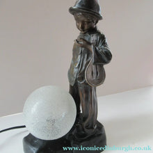 Load image into Gallery viewer, Antique French 1930s Table Lamp. STREET MUSICIAN by G. Demange. Bronzed Spelter with Frosted Glass Globe Shade 
