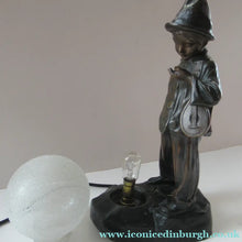 Load image into Gallery viewer, Antique French 1930s Table Lamp. STREET MUSICIAN by G. Demange. Bronzed Spelter with Frosted Glass Globe Shade 
