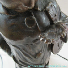 Load image into Gallery viewer, Antique French 1930s Table Lamp. STREET MUSICIAN by G. Demange. Bronzed Spelter with Frosted Glass Globe Shade 
