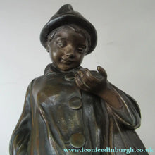 Load image into Gallery viewer, Antique French 1930s Table Lamp. STREET MUSICIAN by G. Demange. Bronzed Spelter with Frosted Glass Globe Shade 

