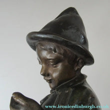 Load image into Gallery viewer, Antique French 1930s Table Lamp. STREET MUSICIAN by G. Demange. Bronzed Spelter with Frosted Glass Globe Shade 
