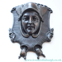 Load image into Gallery viewer, Strange Antique German Wall Pocket Match Holder. Cast Iron with Head of a Valkyrie 

