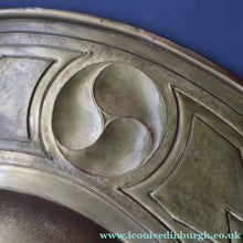Load image into Gallery viewer, Antique GLASGOW SCHOOL Arts and Crafts Brass Wall Charger with Celtic Knotwork Pattern.  Fine Antique Metalwork
