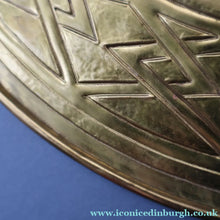 Load image into Gallery viewer, Antique GLASGOW SCHOOL Arts and Crafts Brass Wall Charger with Celtic Knotwork Pattern.  Fine Antique Metalwork
