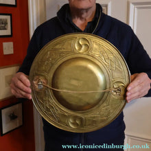 Load image into Gallery viewer, Antique GLASGOW SCHOOL Arts and Crafts Brass Wall Charger with Celtic Knotwork Pattern.  Fine Antique Metalwork
