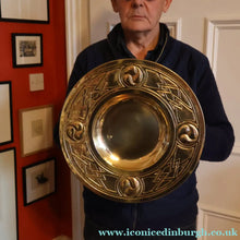 Load image into Gallery viewer, Antique GLASGOW SCHOOL Arts and Crafts Brass Wall Charger with Celtic Knotwork Pattern.  Fine Antique Metalwork
