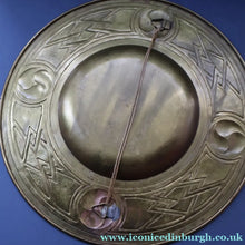 Load image into Gallery viewer, Antique GLASGOW SCHOOL Arts and Crafts Brass Wall Charger with Celtic Knotwork Pattern.  Fine Antique Metalwork
