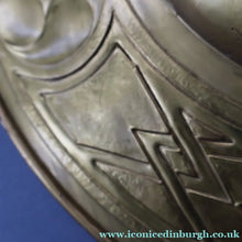 Load image into Gallery viewer, Antique GLASGOW SCHOOL Arts and Crafts Brass Wall Charger with Celtic Knotwork Pattern.  Fine Antique Metalwork
