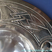 Load image into Gallery viewer, Antique GLASGOW SCHOOL Arts and Crafts Brass Wall Charger with Celtic Knotwork Pattern.  Fine Antique Metalwork
