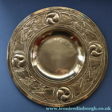 Load image into Gallery viewer, Antique GLASGOW SCHOOL Arts and Crafts Brass Wall Charger with Celtic Knotwork Pattern.  Fine Antique Metalwork
