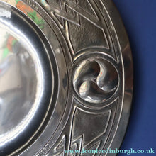 Load image into Gallery viewer, Antique GLASGOW SCHOOL Arts and Crafts Brass Wall Charger with Celtic Knotwork Pattern.  Fine Antique Metalwork
