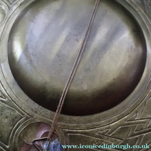 Load image into Gallery viewer, Antique GLASGOW SCHOOL Arts and Crafts Brass Wall Charger with Celtic Knotwork Pattern.  Fine Antique Metalwork
