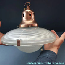 Load image into Gallery viewer, GENUINE Antique Glass HOLOPHANE Pendant Two Part Light Shade with Copper Fittings, Brass Ceiling Hook Fitment and Hanging Chain
