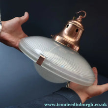 Load image into Gallery viewer, GENUINE Antique Glass HOLOPHANE Pendant Two Part Light Shade with Copper Fittings, Brass Ceiling Hook Fitment and Hanging Chain
