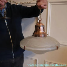 Load image into Gallery viewer, GENUINE Antique Glass HOLOPHANE Pendant Two Part Light Shade with Copper Fittings, Brass Ceiling Hook Fitment and Hanging Chain
