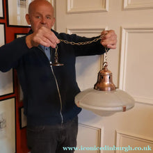 Load image into Gallery viewer, GENUINE Antique Glass HOLOPHANE Pendant Two Part Light Shade with Copper Fittings, Brass Ceiling Hook Fitment and Hanging Chain
