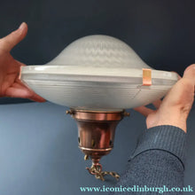 Load image into Gallery viewer, GENUINE Antique Glass HOLOPHANE Pendant Two Part Light Shade with Copper Fittings, Brass Ceiling Hook Fitment and Hanging Chain
