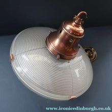 Load image into Gallery viewer, GENUINE Antique Glass HOLOPHANE Pendant Two Part Light Shade with Copper Fittings, Brass Ceiling Hook Fitment and Hanging Chain
