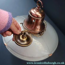 Load image into Gallery viewer, GENUINE Antique Glass HOLOPHANE Pendant Two Part Light Shade with Copper Fittings, Brass Ceiling Hook Fitment and Hanging Chain
