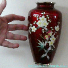 Load image into Gallery viewer, Antique Japanese Cloisonne Red Ginbari Enamel Vase with Ando Jubei Studio Flower Mark Media 1 of 26
