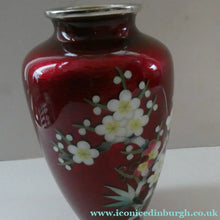 Load image into Gallery viewer, Antique Japanese Cloisonne Red Ginbari Enamel Vase with Ando Jubei Studio Flower Mark Media 1 of 26
