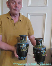 Load image into Gallery viewer, Vintage Cloisonne Dragon and Flaming Pearl Matched Pair of Vases
