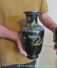 Load image into Gallery viewer, Vintage Cloisonne Dragon and Flaming Pearl Matched Pair of Vases
