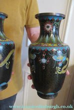 Load image into Gallery viewer, Vintage Cloisonne Dragon and Flaming Pearl Matched Pair of Vases

