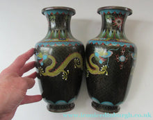 Load image into Gallery viewer, Vintage Cloisonne Dragon and Flaming Pearl Matched Pair of Vases
