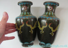 Load image into Gallery viewer, Vintage Cloisonne Dragon and Flaming Pearl Matched Pair of Vases
