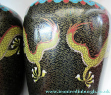 Load image into Gallery viewer, Vintage Cloisonne Dragon and Flaming Pearl Matched Pair of Vases
