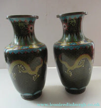 Load image into Gallery viewer, Vintage Cloisonne Dragon and Flaming Pearl Matched Pair of Vases
