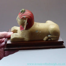 Load image into Gallery viewer, ANTIQUE Metal BOOKENDS. Strange 1920s Vintage Aluminium Sphinx Pair of Bookends. Collectable Painted Art Deco Colours on wooden plinth
