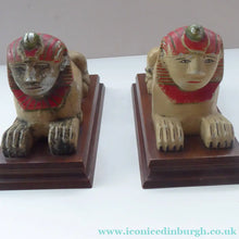 Load image into Gallery viewer, ANTIQUE Metal BOOKENDS. Strange 1920s Vintage Aluminium Sphinx Pair of Bookends. Collectable Painted Art Deco Colours on wooden plinth
