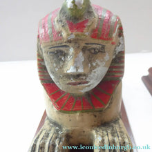Load image into Gallery viewer, ANTIQUE Metal BOOKENDS. Strange 1920s Vintage Aluminium Sphinx Pair of Bookends. Collectable Painted Art Deco Colours on wooden plinth
