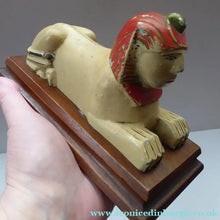Load image into Gallery viewer, ANTIQUE Metal BOOKENDS. Strange 1920s Vintage Aluminium Sphinx Pair of Bookends. Collectable Painted Art Deco Colours on wooden plinth
