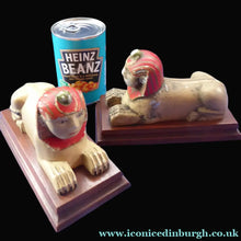 Load image into Gallery viewer, ANTIQUE Metal BOOKENDS. Strange 1920s Vintage Aluminium Sphinx Pair of Bookends. Collectable Painted Art Deco Colours on wooden plinth
