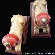 Load image into Gallery viewer, ANTIQUE Metal BOOKENDS. Strange 1920s Vintage Aluminium Sphinx Pair of Bookends. Collectable Painted Art Deco Colours on wooden plinth

