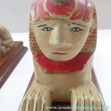 Load image into Gallery viewer, ANTIQUE Metal BOOKENDS. Strange 1920s Vintage Aluminium Sphinx Pair of Bookends. Collectable Painted Art Deco Colours on wooden plinth
