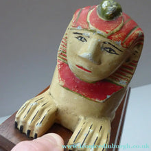 Load image into Gallery viewer, ANTIQUE Metal BOOKENDS. Strange 1920s Vintage Aluminium Sphinx Pair of Bookends. Collectable Painted Art Deco Colours on wooden plinth

