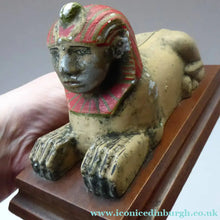 Load image into Gallery viewer, ANTIQUE Metal BOOKENDS. Strange 1920s Vintage Aluminium Sphinx Pair of Bookends. Collectable Painted Art Deco Colours on wooden plinth
