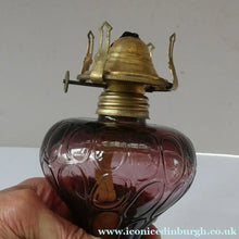 Load image into Gallery viewer, Antique Purple Glass Oil Lamp Complete. Possibly American. Signed MR
