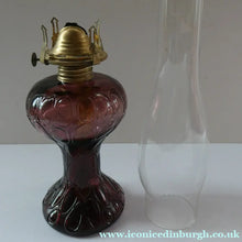 Load image into Gallery viewer, Antique Purple Glass Oil Lamp Complete. Possibly American. Signed MR
