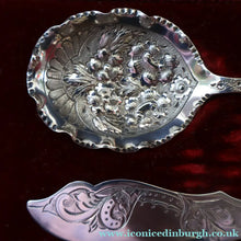 Load image into Gallery viewer, Antique Pair of Electro-Plate Berry Spoons &amp; Mother of Pearl Fruit Knife by JE &amp; SS. FITTED CASE
