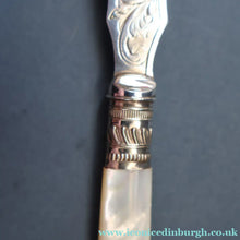 Load image into Gallery viewer, Antique Pair of Electro-Plate Berry Spoons &amp; Mother of Pearl Fruit Knife by JE &amp; SS. FITTED CASE
