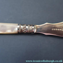 Load image into Gallery viewer, Antique Pair of Electro-Plate Berry Spoons &amp; Mother of Pearl Fruit Knife by JE &amp; SS. FITTED CASE
