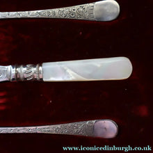 Load image into Gallery viewer, Antique Pair of Electro-Plate Berry Spoons &amp; Mother of Pearl Fruit Knife by JE &amp; SS. FITTED CASE
