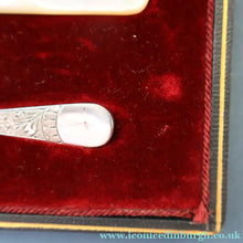 Load image into Gallery viewer, Antique Pair of Electro-Plate Berry Spoons &amp; Mother of Pearl Fruit Knife by JE &amp; SS. FITTED CASE
