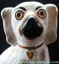 Load image into Gallery viewer, LARGE Antique Pair of Staffordshire Dogs Chimney Spaniels / Wally Dugs; 11 1/2 inches. Yellow glass eyes, 1880s
